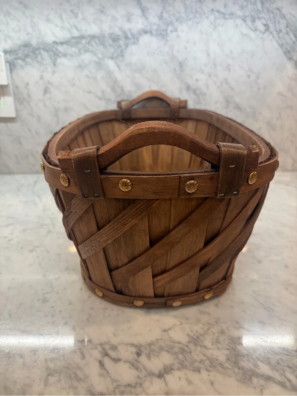 Large Rustic Woven Wood Basket Brass Studs Handles 23” Farmhouse Decor